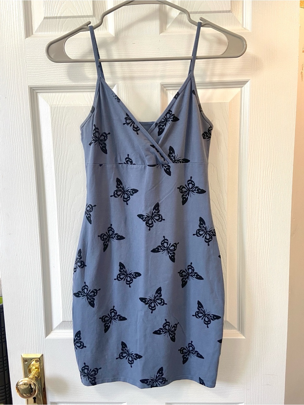 Wild Fable Strapless Blue Bodycon Mini Dress with Artsy Black Butterfly Print, S